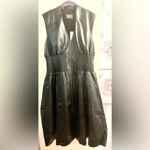 Anthropologie Tommie Cap-Sleeve Smocked Front-Zip Shirt Dress: Faux-Leat… - Picture 2 of 13